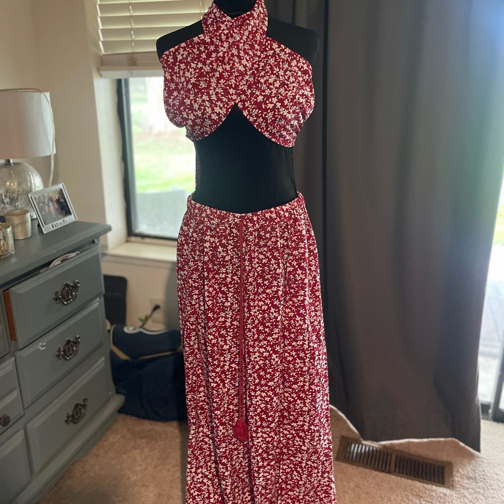 Red Floral Halter Top and Skirt Set